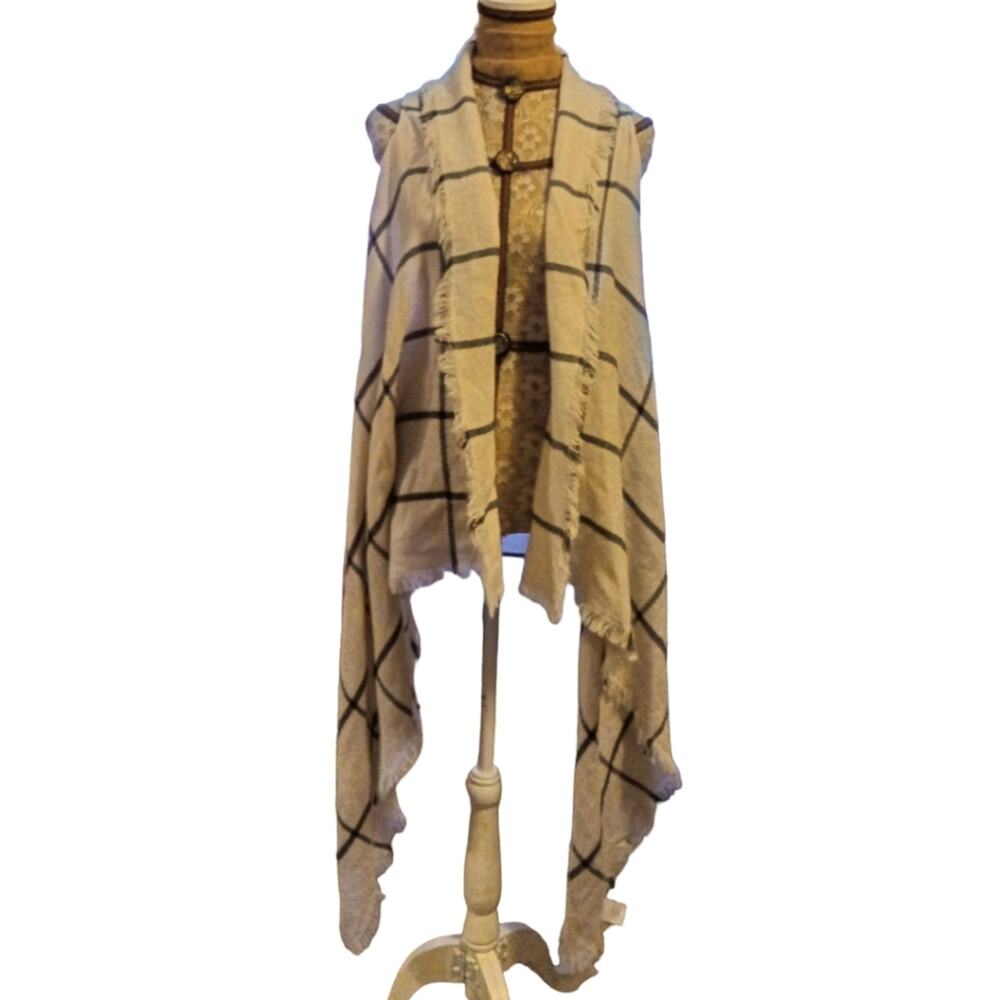 Francesca's windowpane plaid asymmetric‎ high low open front blanket cardigan OS